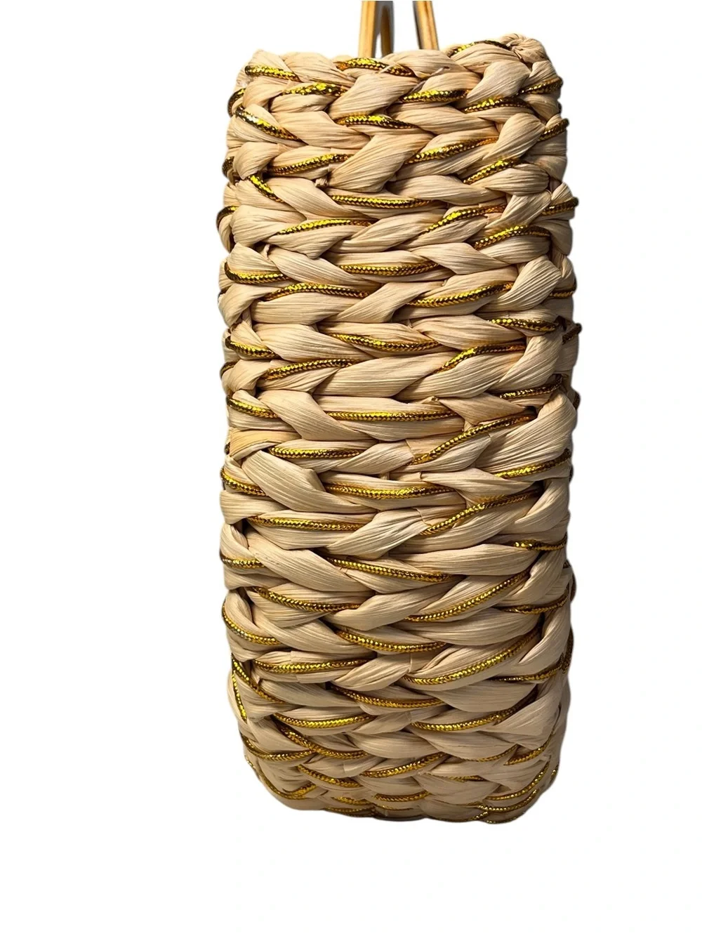 New York & Company Half-Moon Woven Straw & Gold Metallic Circle Handle Tote Bag